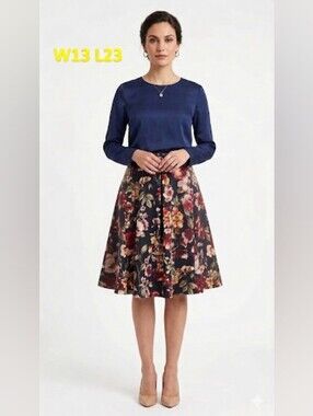 NWOT Small Floral A-Line Midi Skirt in Black with Burgundy Accents
